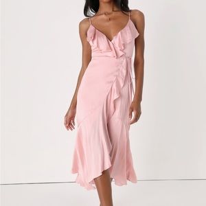 NWT Lulus Glowing Arrival Blush Pink Ruffled Wrap Midi Dress